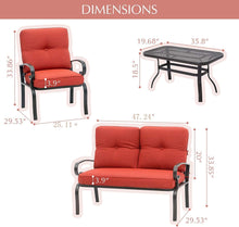 Load image into Gallery viewer, NEW 4-Piece Outdoor Metal Furniture Sets Patio Conversation Set Wrought Iron Loveseat, 2 Single Chairs, Coffee Table with Cushion, Lawn Front Porch Garden, Red
