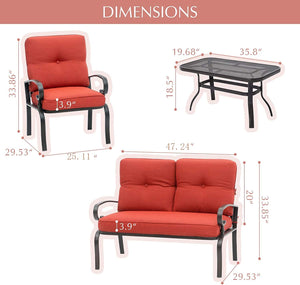 NEW 4-Piece Outdoor Metal Furniture Sets Patio Conversation Set Wrought Iron Loveseat, 2 Single Chairs, Coffee Table with Cushion, Lawn Front Porch Garden, Red