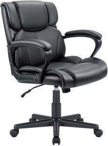 Mid Back Executive Office Chair Swivel Computer Task Chair with Armrests,Ergonomic Leather-Padded Desk Chair with Lumbar Support(Black)