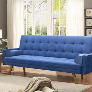 Modern Couch Living Room, Upholstered Convertible Folding Futon Sofa Bed with Fabric Tufted Split Back, Solid Wood Legs and Straight Armrests, 75.50"x 26.80"x 15.50", Blue