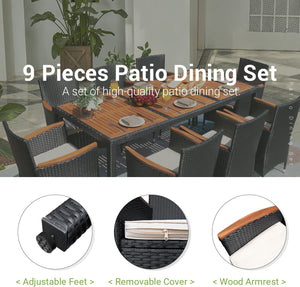 Outdoor Patio Dining Set, 9 PCS Outdoor Patio Furniture Set, Patio Conversation Set with Acacia Wood Table Top, Rattan Outdoor Dining Table and Chairs for Backyard, Garden, Deck Visit the Devoko Store