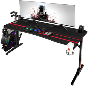 Gaming Desk 55 inch Racing Style Computer Desk Free Mouse pad, T-Shaped Professional Gamer Desk with Gaming Handle Rack, Cup Holder & Headphone Hook (Black)