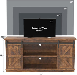 Farmhouse TV Stand for 65 Inch TV, Mid Century Modern Entertainment Center with Sliding Barn Doors and Storage Cabinets, Metal Media TV Console Table for Living Room Bedroom (Rustic Oak)
