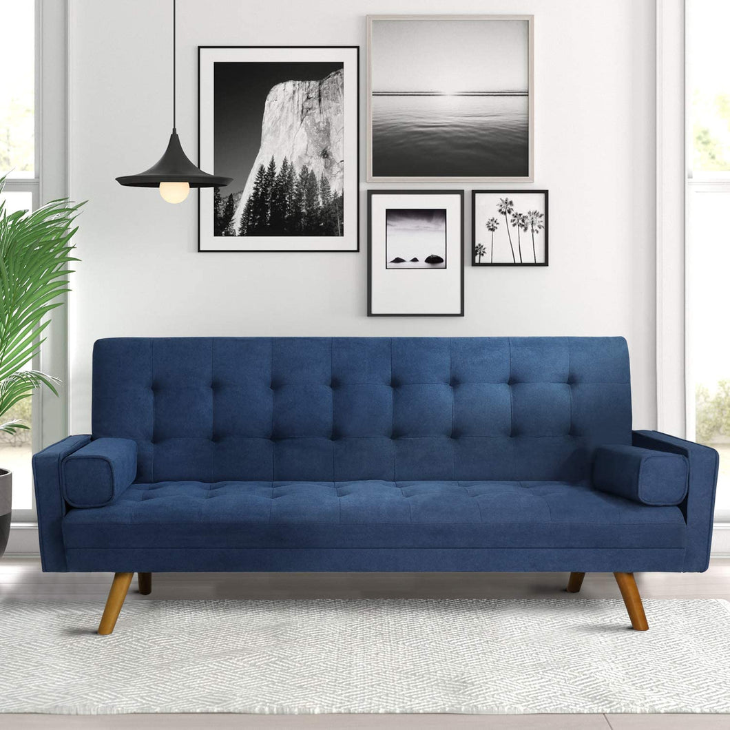 Modern Couch Living Room, Upholstered Convertible Folding Futon Sofa Bed with Fabric Tufted Split Back, Solid Wood Legs and Straight Armrests, 75.50