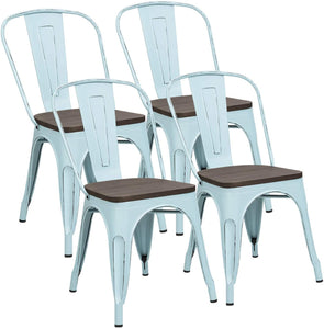 Metal Dining Chairs with Wood Seat, Distressing Tolix Style Indoor-Outdoor Stackable Industrial Chair with Back Set of 4 for Kitchen, Dining Room, Bistro and Cafe (White Distressed)