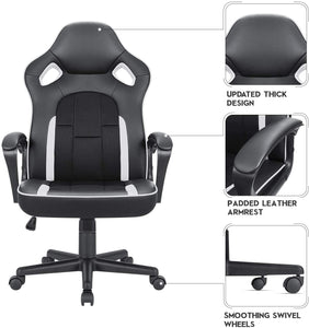Office Chair Desk Leather Gaming Chair, High Back Ergonomic Adjustable Racing Chair,Task Swivel Executive Computer Chair Headrest and Lumbar Support (Black&White)
