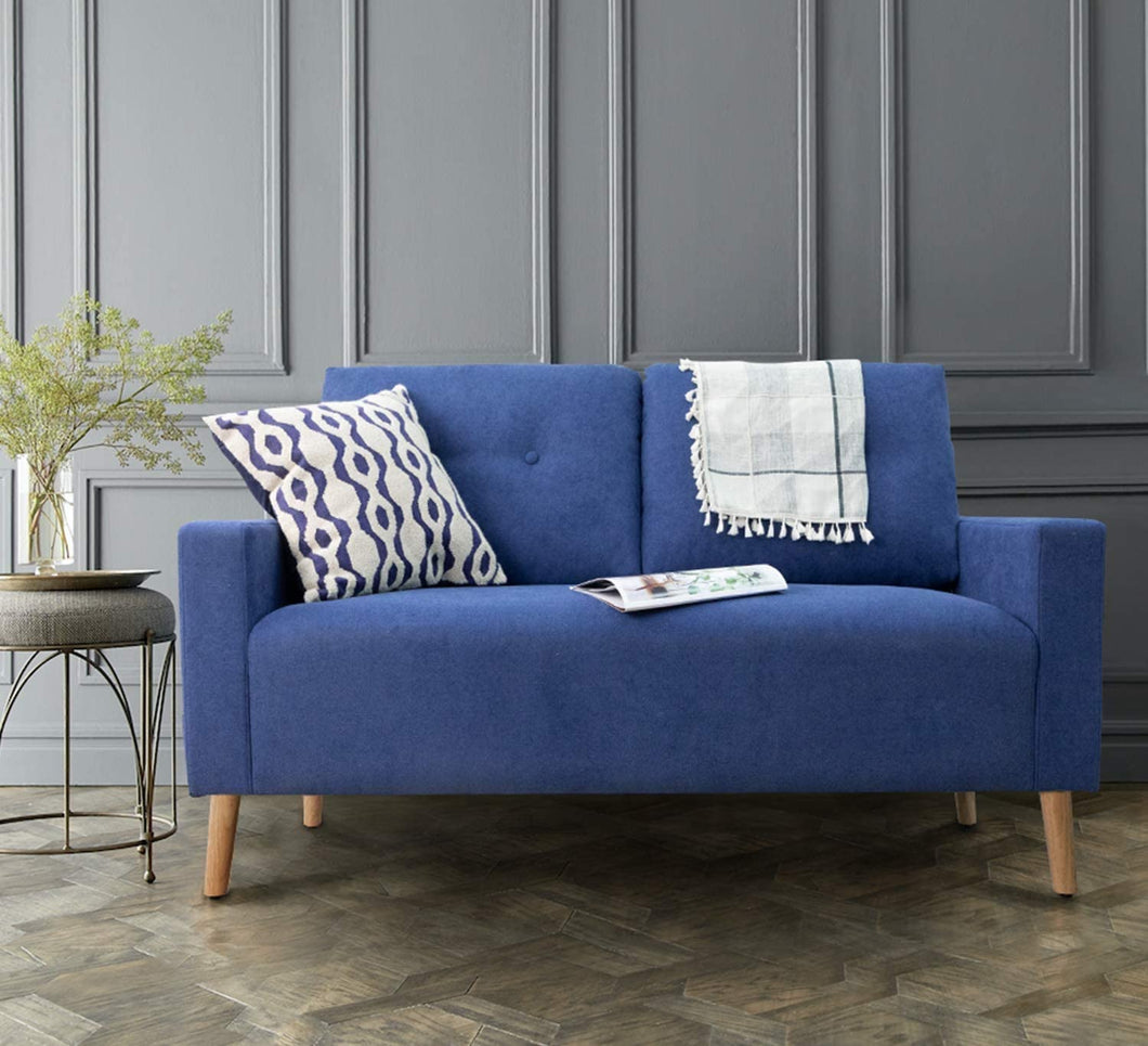 Modern Loveseat Sofa Fabric Couch Mid Century Love Seat with 2 Thickened Cushion and Solid Wood Frame for Living Room (Blue)