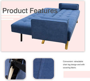 Modern Couch Living Room, Upholstered Convertible Folding Futon Sofa Bed with Fabric Tufted Split Back, Solid Wood Legs and Straight Armrests, 75.50"x 26.80"x 15.50", Blue