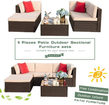 Load image into Gallery viewer, Brand New 5 Pieces Patio Furniture Sets All-Weather Outdoor Sectional Sofa Manual Weaving Wicker Rattan Patio Conversation Set with Cushion and Glass Table (Beige)
