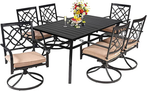 NEW 7-Piece Metal Outdoor Patio Furniture Dining Set, 6 Metal Swivel Chairs and Rectangle Dining Table with Umbrella Hole, Black