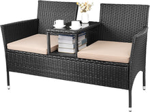 Load image into Gallery viewer, Patio Furniture Outdoor Loveseat 2-Seat Rattan Sofa Chairs with Built-in Table &amp; Cushion Wicker Bistro Conversation Set w/Storage Space for Porch, Lawn, Backyard, Poolside (Beige)
