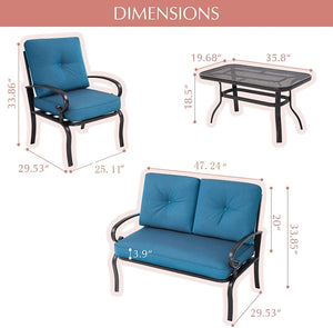 NEW 5Pcs Outdoor Furniture Patio Conversation Sets Loveseat, 2 Motion Spring Chairs with Coffee Table, Metal Frame Chair Set (Peacock Blue)