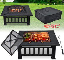 Load image into Gallery viewer, Brand New 32in Outdoor Metal Firepit Square Table Backyard Patio Garden Stove Wood Burning Fire Pit with Spark Screen, Log Poker and Cover
