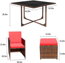 Load image into Gallery viewer, Brand New 9 Pieces Patio Dining Sets Outdoor Space Saving Rattan Chairs with Glass Table Patio Furniture Sets Cushioned Seating and Back Sectional Conversation Set (Red)
