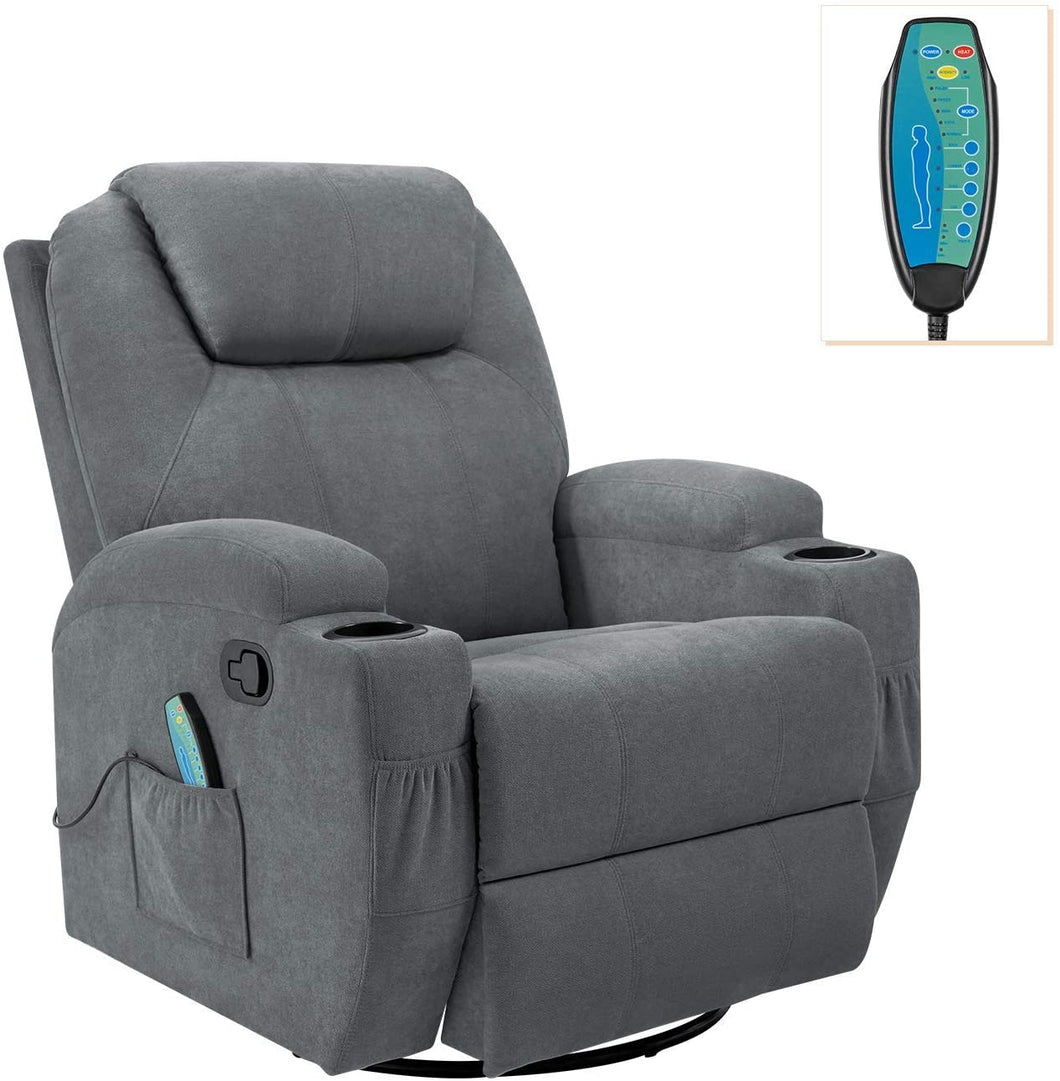 Rocking Chair Recliner Chair with Massage and Heating 360 Degree Swivel Ergonomic Lounge Chair Classic Single Sofa with 2 Cup Holders Side Pockets Living Room Chair Home Theater Seat (Gray)