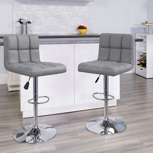 Modern PU Leather Adjustable Swivel Barstools, Armless Hydraulic Kitchen Counter Bar Stools Synthetic Leather Extra Height Square Island Bar Stool with Back Set of 2(Gray)