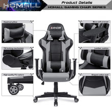 Load image into Gallery viewer, Gaming Chair Office Chair High Back Computer Chair PU Leather Desk Chair PC Racing Executive Ergonomic Adjustable Swivel Task Chair with Headrest and Lumbar Support (Gray)

