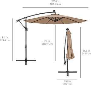 Patio Umbrella 10ft Solar LED Offset Hanging Market Patio Umbrella for Backyard, Poolside, Lawn and Garden w/Easy Tilt Adjustment, Polyester Shade, 8 Ribs - Khaki