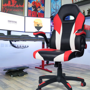 Gaming Chair Office Computer Chair Racing Desk Chair Ergonomic High Back Adjustable Swivel Chair PU Leather Executive Chair for Adults with Flip Up Padded Arms (Red)