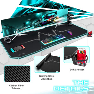 Gaming Desk 63" T-Shaped PC Computer Table with Carbon Fibre Surface Free Mouse Pad Home Office Desk Gamer Table Pro with Game Handle Rack Headphone Hook and Cup Holder (Black)