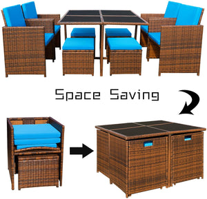 Brand New 9 Pieces Patio Dining Sets Outdoor Space Saving Rattan Chairs with Glass Table Patio Furniture Sets Cushioned Seating and Back Sectional Conversation Set (Blue)