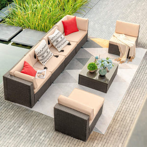 Brand New 7 Pieces Outdoor Sectional Sofa All-Weather Patio Furniture Sets Manual Weaving Wicker Rattan Patio Conversation Sets with Cushion and Glass Table (Beige)