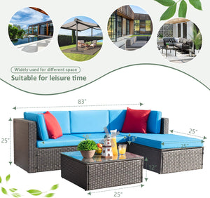Brand New 5 Pieces Patio Furniture Sets All-Weather Outdoor Sectional Sofa Manual Weaving Wicker Rattan Patio Conversation Set with Cushion and Glass Table (Blue)