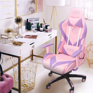 Gaming Chair Girl Racing Office Chair High Back Computer Desk Chair Leather Executive Adjustable Swivel Chair with Headrest and Lumbar Support (Pink)