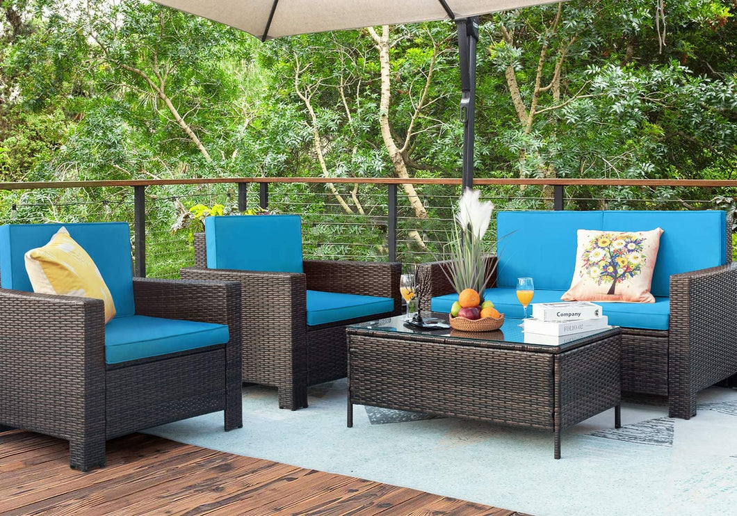 Brand New 4 Pieces Outdoor Patio Furniture Sets Rattan Chair Wicker Conversation Sofa Set, Outdoor Indoor Backyard Porch Garden Poolside Balcony Use Furniture (Blue)