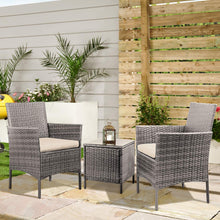 Load image into Gallery viewer, Brand New 3 Pieces PE Rattan Wicker Chairs with Table Outdoor Garden Furniture Sets (Gray/Beige)
