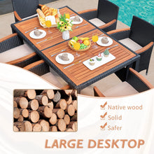 Load image into Gallery viewer, Outdoor Patio Dining Sets 7 Pieces Rattan Patio Conversation Set with Acacia Wood Table Top and Widened Armrests, Wicker Outdoor Dining Table and Chairs Set for Backyard, Garden, Deck
