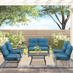 NEW 7-Piece Outdoor Metal Furniture Sets Patio Conversation Set Wrought Iron Loveseat, 2 Single Chairs, 2 Spring Chairs and Coffee Table, Peacock Blue