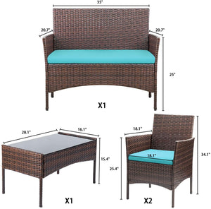 Brand New 4 Pieces Outdoor Patio Furniture Sets Rattan Chair Wicker Set, Outdoor Indoor Use Backyard Porch Garden Poolside Balcony Furniture Sets (Brown and Blue)