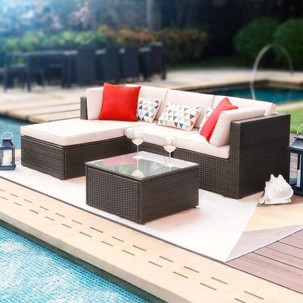 Brand New 5 Pieces Patio Furniture Sets All-Weather Outdoor Sectional Sofa Manual Weaving Wicker Rattan Patio Conversation Set with Cushion and Glass Table (Beige)
