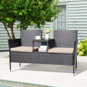 Patio Furniture Outdoor Loveseat 2-Seat Rattan Sofa Chairs with Built-in Table & Cushion Wicker Bistro Conversation Set w/Storage Space for Porch, Lawn, Backyard, Poolside (Beige)