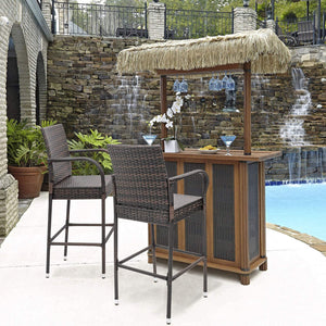 Patio Bar Stools Wicker Barstools Indoor Outdoor Bar Stool Patio Furniture with Footrest and Armrest for Garden Pool Lawn Backyard Set of 2 (Brown)
