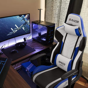 Gaming Chair Racing Style High-Back PU Leather Office Chair Computer Desk Chair Executive and Ergonomic Swivel Chair with Headrest and Lumbar Support (White/Blue)