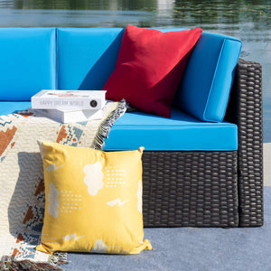 Brand New 6 Pieces Patio Furniture Sectional Set Outdoor Wicker Rattan Sofa Set Backyard Couch Conversation Sets with Pillow, Cushions and Glass Table (Blue)