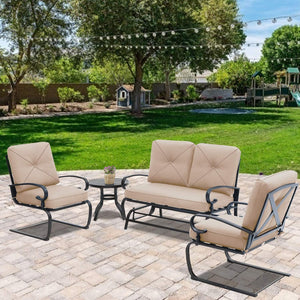NEW Outdoor Furniture Patio Conversation Set (Loveseat, Coffee Table, 2 Spring Chair) Metal Frame Wrought Iron Look with Cushions (Brown)