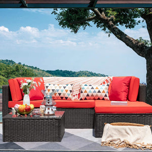 Brand New 5 Pieces Patio Furniture Sets All-Weather Outdoor Sectional Sofa Manual Weaving Wicker Rattan Patio Conversation Set with Cushion and Glass Table (Red)