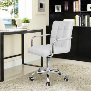 Mid-Back Office Task Chair Ribbed PU Leather Executive Chair Modern Adjustable Home Desk Chair Retro Comfortable Work Chair 360 Degree Swivel with Arms (White)