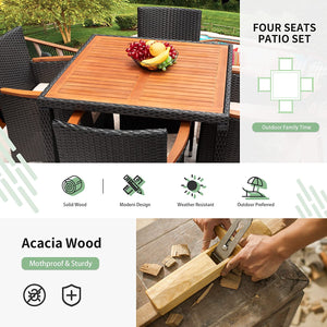 Outdoor Patio Dining Set, 5 PCS Outdoor Patio Furniture Set, Patio Conversation Set with Acacia Wood Table Top, Rattan Outdoor Dining Table and Chairs for Backyard, Garden, Deck