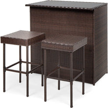 Load image into Gallery viewer, Outdoor 3-Piece All-Weather Wicker Bar Table Set for Patio, Backyard w/ 2 Stools, Glass Tabletop - Brown
