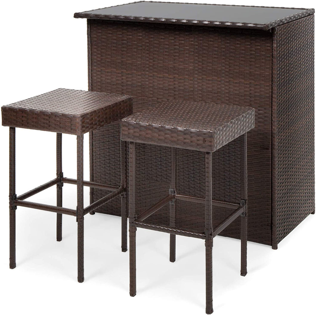 Outdoor 3-Piece All-Weather Wicker Bar Table Set for Patio, Backyard w/ 2 Stools, Glass Tabletop - Brown
