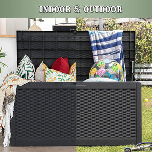 New 100 Gallon Waterproof Large Resin Deck Box Indoor Outdoor Lockable Storage Container for Patio Furniture Cushions, Toys and Garden Tools (Black)