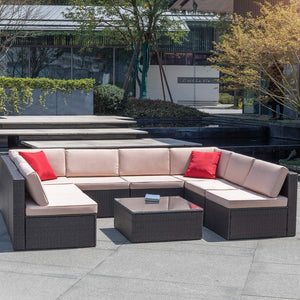 Brand New 9 Pieces Outdoor Patio Sectional Sofa All-Weather Patio Furniture Sets Manual Weaving Wicker Rattan Patio Conversation Set with Cushions and Glass Table